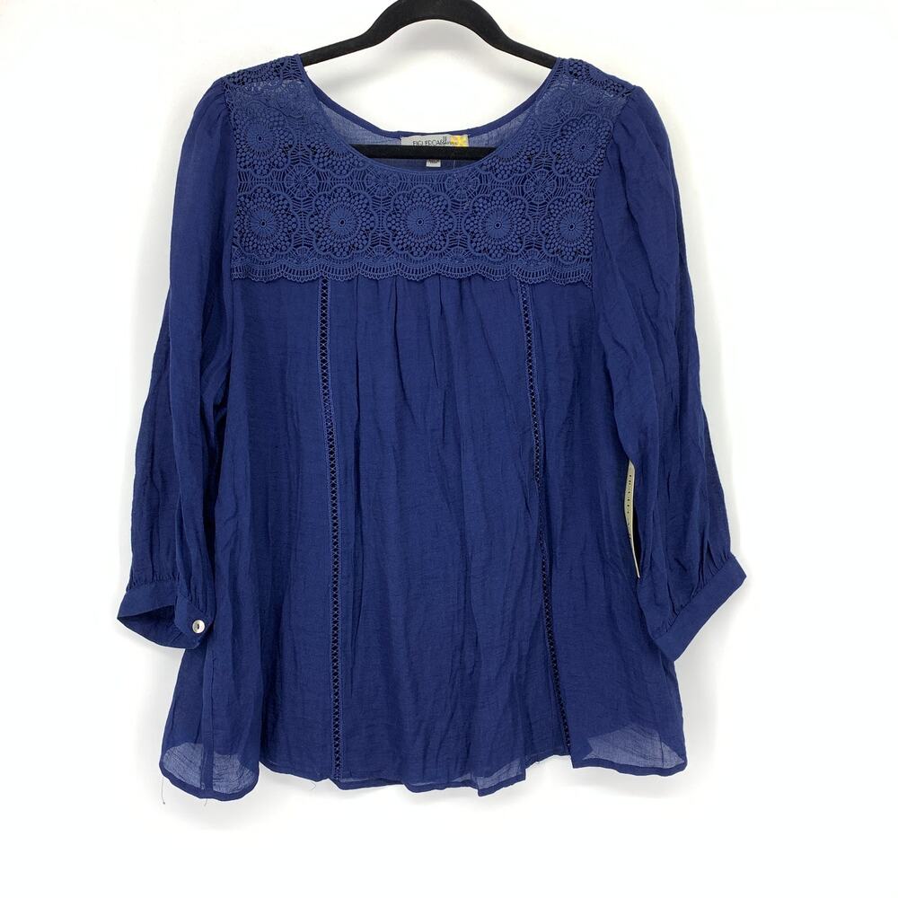 Figueroa & Flower Blouse Womens Sz L Blue Crochet Yoke Gauzy Boho Top NEW
